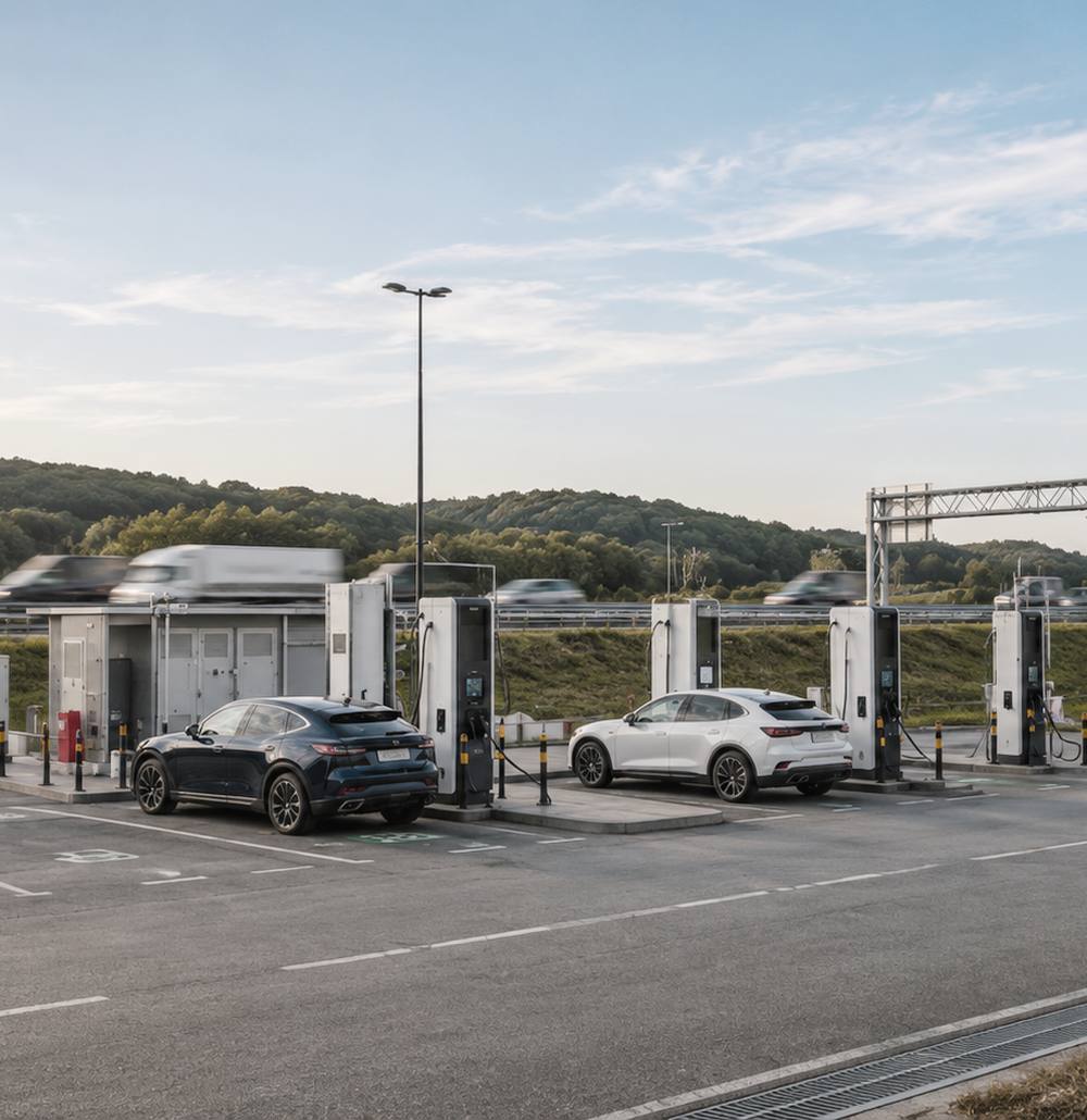 Cars charging at a motorway charging site